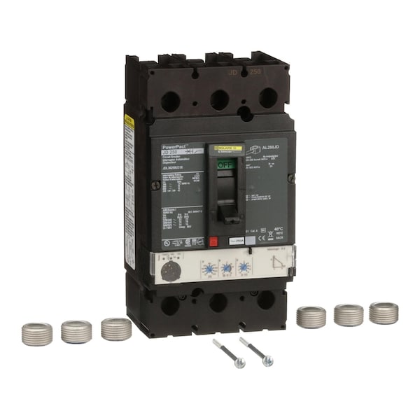 Square D Molded Case Circuit Breaker, JDL Series, 250A, 3 Pole, 600V AC, 25kA at 240V AC - JDL36250U31X