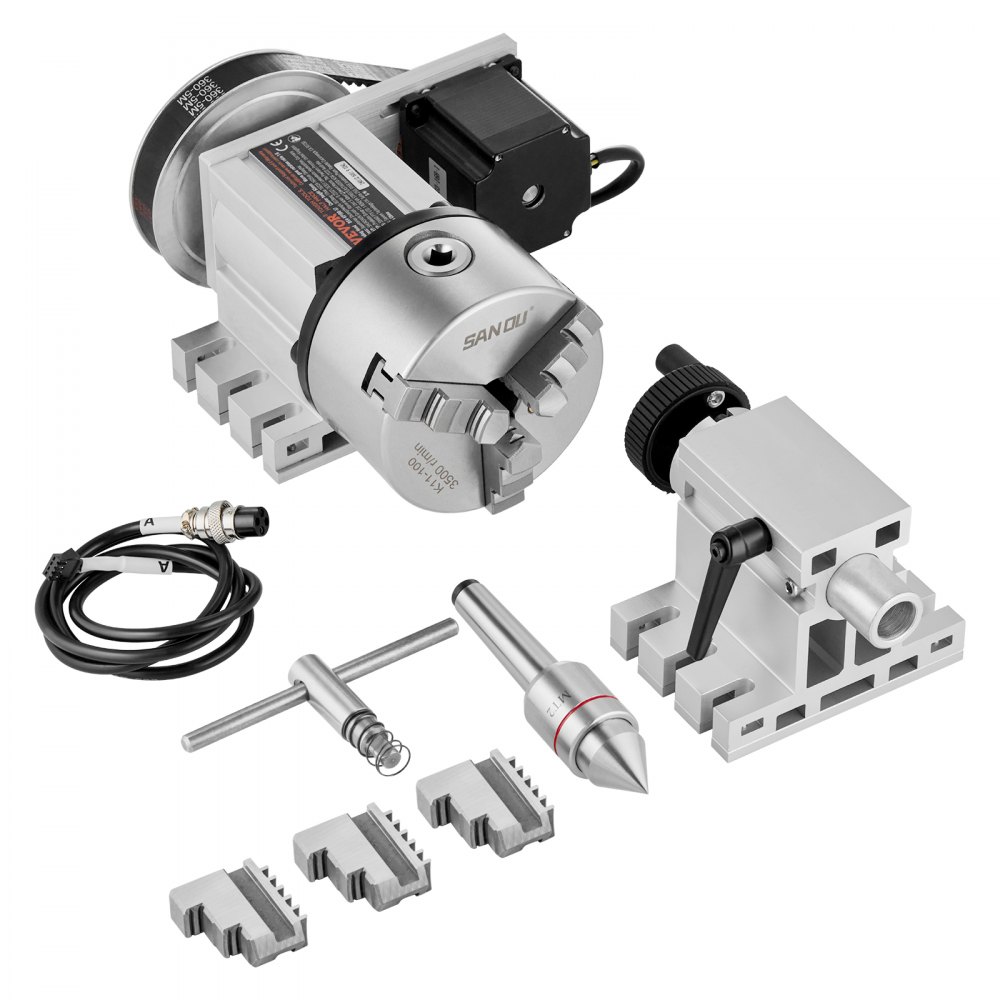 VEVOR Dividing Head, K11-100mm 3-Jaw Chuck, CNC Router Milling Machine Rotational Axis 4th Axis A Axis Indexing Head, 2.6"/65 mm Center Height MT2 Tailstock 6:1 Gear Ratio, Universal for Engraving - SKFDT3ZKP65M9AYZOV9