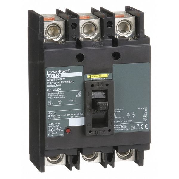 Square D Molded Case Circuit Breaker, QDL Series, 200A, 3 Pole, 240V AC, 25kA at 240V AC - QDL32200