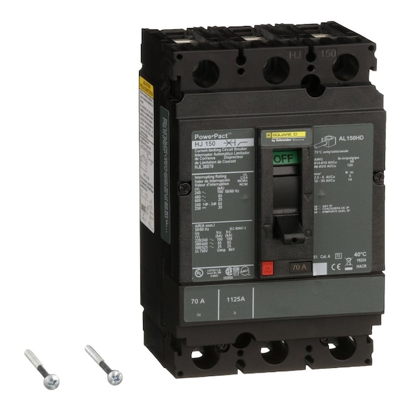 Square D Molded Case Circuit Breaker, HJL Series, 70A, 3 Pole, 600V AC, 100kA at 240V AC - HJL36070