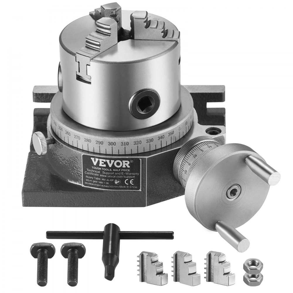VEVOR Rotary Table for Milling Machines, 4''/ 100 mm, Horizontal Vertical Model Precision Milling Rotary Table, with 3.1''/80 mm 3-Jaw Chuck M10 T-Bolts Nuts, for Milling Engineering Indexing Tools - YXZTLS4C100MYBJD9V0
