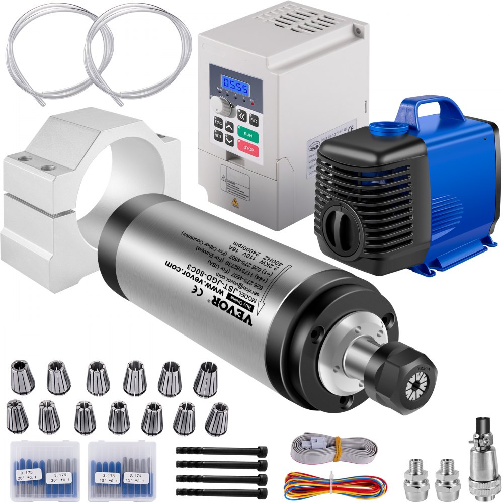 VEVOR VFD CNC Spindle Motor Kits 110V CNC Spindle Motor Kits 2.2KW Water Cooled Spindle Motor 400HZ 24000RPM VFD 3HP Water Pump 110V 80W Motor Clamp Mount 80mm Water Pipe 5m for CNC Engraving Machine - SLDJ2.2KW110VLIMDV1