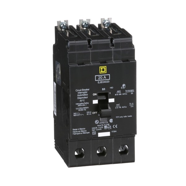 Square D Miniature Circuit Breaker, EJB Series, 20A, 3 Pole, 277/480V AC, 100kA  at 120V AC - EJB34020