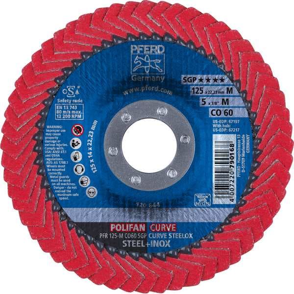 Disco de láminas POLIFAN® 5" x 7/8" A.H. - CO SGP CURVE STEELOX, Óxido de cerámica, 60 granos, radio medio - 67197