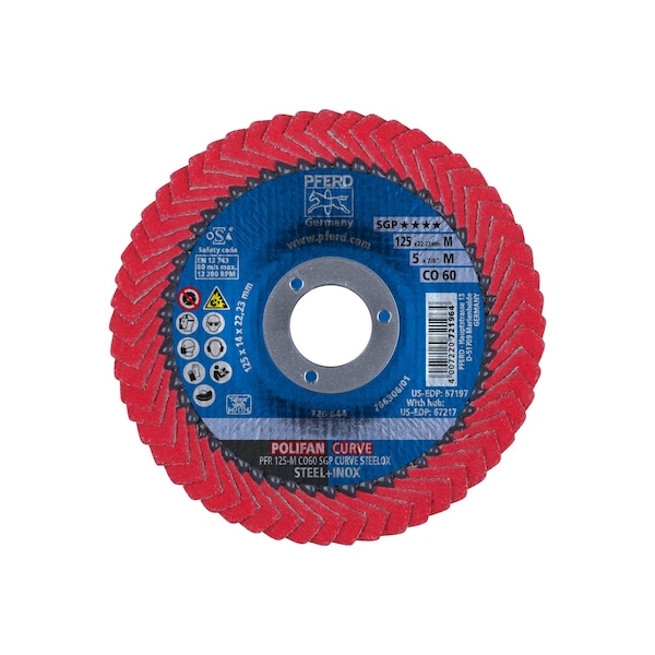 Disco de láminas POLIFAN® 5" x 7/8" A.H. - CO SGP CURVE STEELOX, Óxido de cerámica, 60 granos, radio medio - 67197