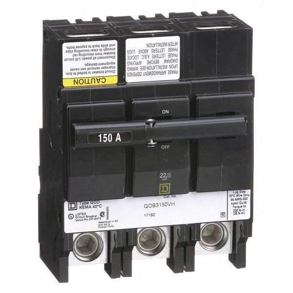 Square D Miniature Circuit Breaker, QOB Series, 150A, 3 Pole, 120/240V AC, 22kA at 120/240V AC - QOB3150VH