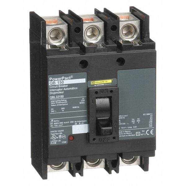 Square D Molded Case Circuit Breaker, QBL Series, 150A, 3 Pole, 240V AC, 10kA at 240V AC - QBL32150