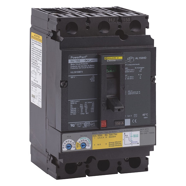 Square D Molded Case Circuit Breaker, HJL Series, 150A, 3 Pole, 600V AC, 100kA at 240V AC - HJL36150M74