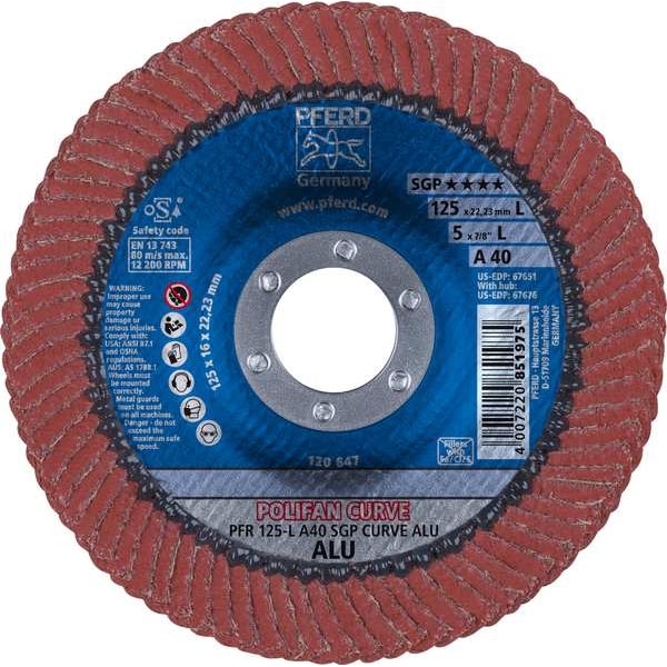 Disco radial Pferd 5" x 7/8" A.H. POLIFAN® - A SGP CURVE STEELOX, óxido de aluminio, 40 granos, radio grande - 67651