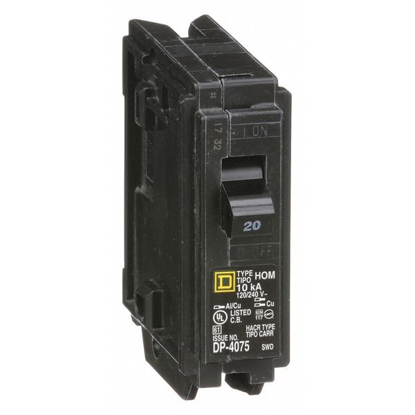 Square D Miniature Circuit Breaker, HOM Series, 20A, 1 Pole, 120/240V AC, 10kA at 120V AC - HOM120