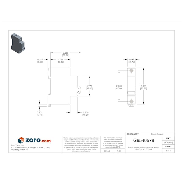 Schneider Electric Miniature Circuit Breaker, C60SP Series, 2A, 1 Pole, 240/415V AC, 14kA at 120/240V AC, C Curve - M9F22102