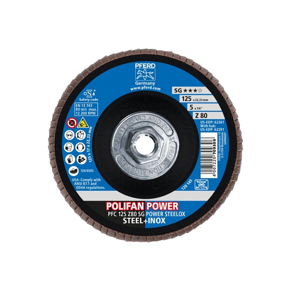 Pferd 5" x 5/8-11 Thd. Disco de láminas POLIFAN® - Z SG POWER STEELOX, Zirconia, 80 Granos, Cónico - 62291.