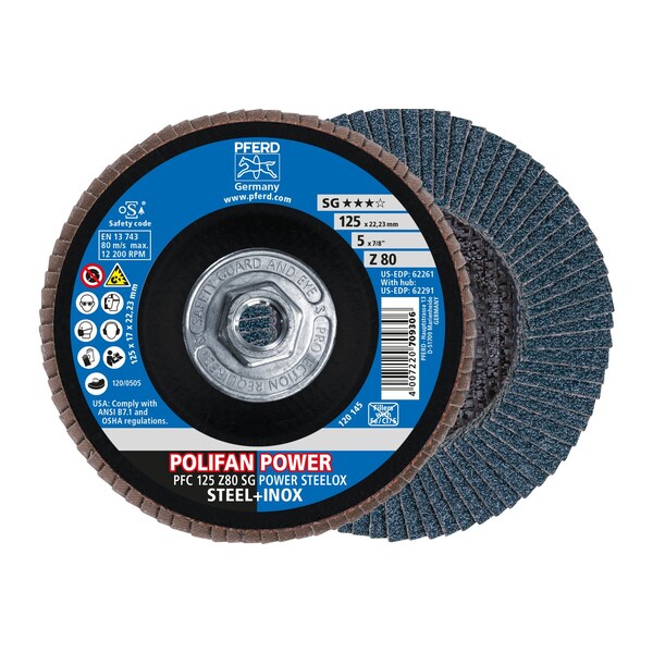 Pferd 5" x 5/8-11 Thd. Disco de láminas POLIFAN® - Z SG POWER STEELOX, Zirconia, 80 Granos, Cónico - 62291.