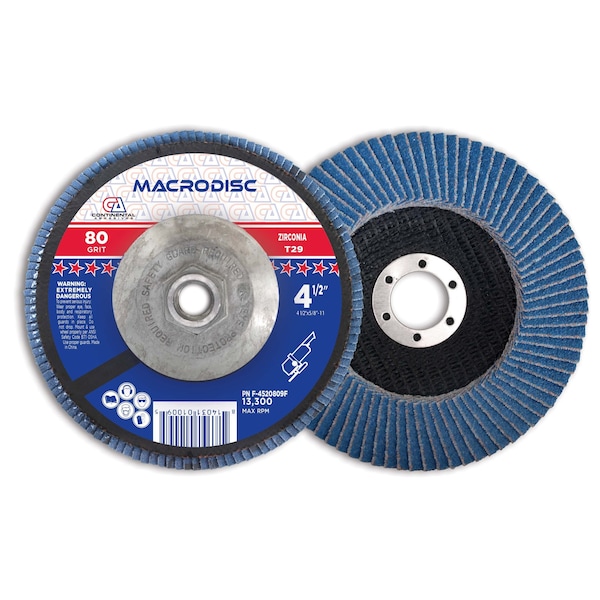 Disco de láminas estándar de zirconia Continental Abrasivos 4-1/2" x 5/8-11" 80 Grit T29 con núcleo de zinc - F-4520809F