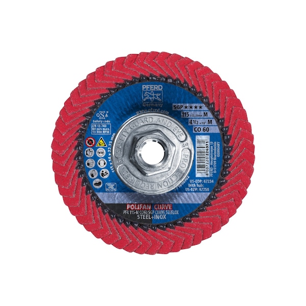 Pferd 4-1/2" x 5/8-11 Thd. Disco de láminas POLIFAN® CO SGP CURVE STEELOX, Óxido de cerámica, 60 Granos, Radio Mediano - 67258