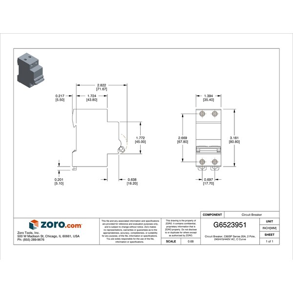 Schneider Electric Miniature Circuit Breaker, C60SP Series, 20A, 2 Pole, 240/415/440V AC, 14kA at 240V AC, C Curve - M9F22220