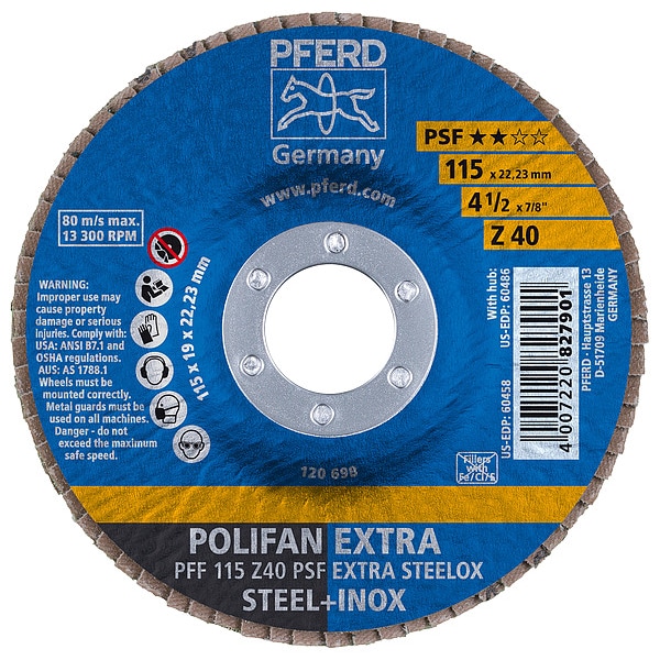 Disco de láminas POLIFAN® Pferd 4-1/2" x 7/8" A.H. - Z PSF EXTRA STEELOX, Zirconia, 40 Granos, Plano - 60458