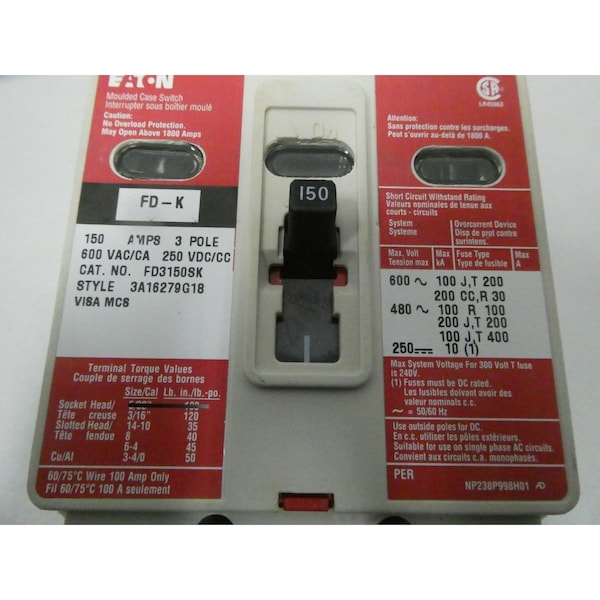Eaton Cutler-Hammer 3P 150A AMP 600V-AC 250V-DC MOLDED CASE CIRCUIT BREAKER - FD3150SK