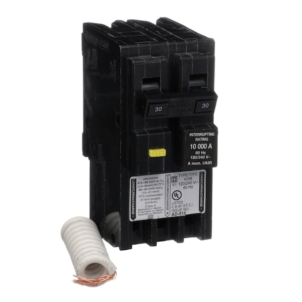 Square D Miniature Circuit Breaker, HOM Series, 30A, 2 Pole, 120/240V AC, 10kA, A Curve - HOM230GFIC