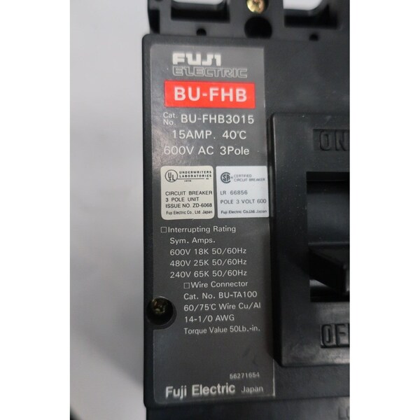 Fuji Molded Case Circuit Breaker, 15A, 3 Pole, 600V AC - BU-FHB3015