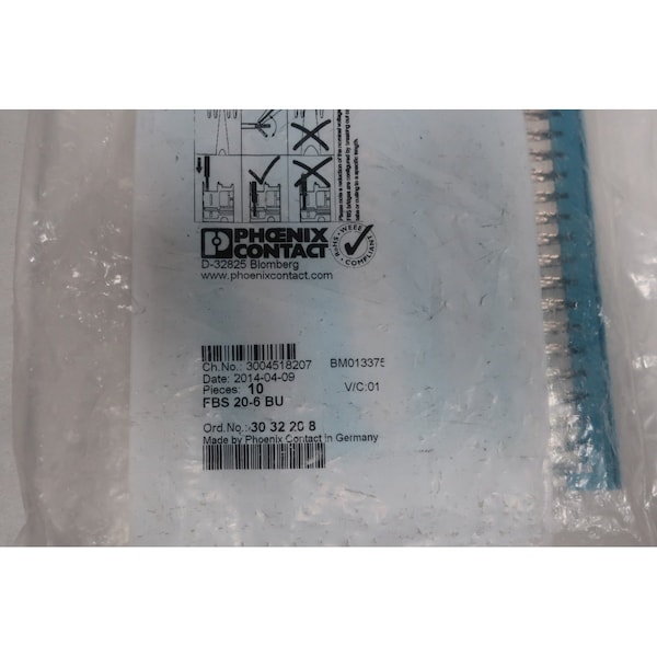 Phoenix Contact Plug-In Jumper, 10PK - FBS 20-6 BU 30 32 20 8