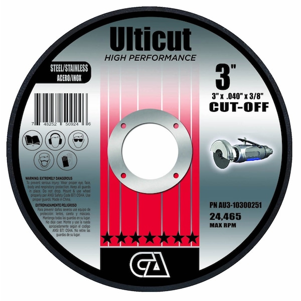 Disco de corte Ulticut Preimium T1 de 3" x .040" x 3/8" de Continental Abrasives - AU3-10300251