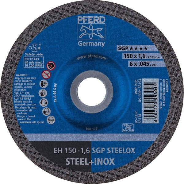 Pferd 63174 6 pulgadas x .045 pulgadas Rueda de corte, 7/8 pulgadas AH A 46 S SGP-INOX - Tipo 27 - 63174-PFERD