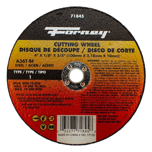 Disco de corte Forney, metal, Tipo 1, 4 pulgadas x 1/8 pulgadas x 3/8 pulgadas - 71845