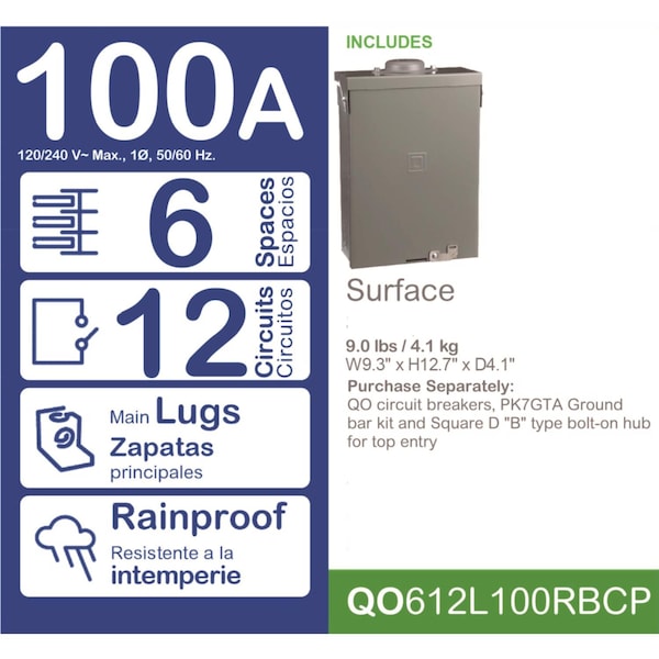 Square D Load Centre Mounting Lug, 120/240V AC, 100A, 6 Poles - QO612L100RBCP