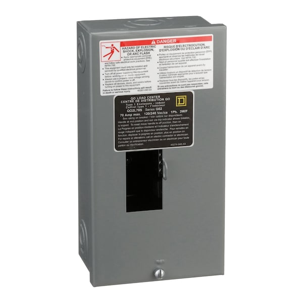 Square D Load Center, QO, 2 Spaces, 70A, 120/240V AC, Fixed Main Lug, 1 Phase - QO2L70S