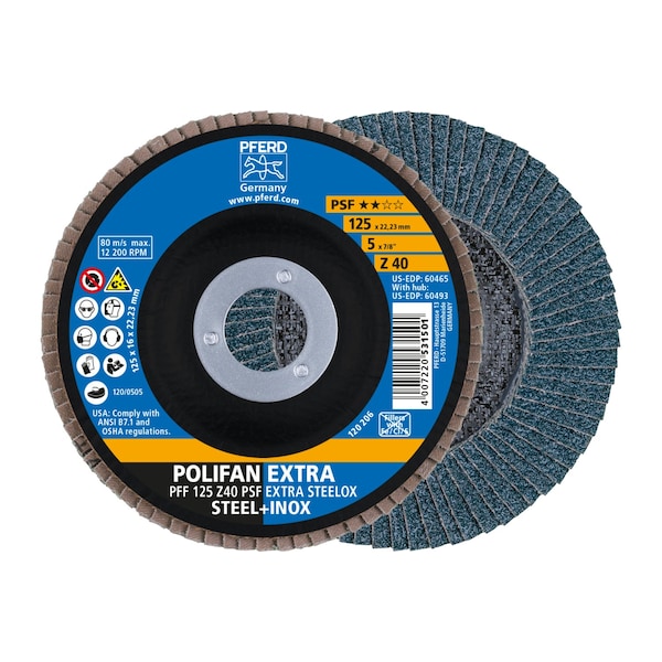 Disco de láminas POLIFAN® 5" x 7/8" A.H. Z PSF EXTRA STEELOX, Zirconia, 40 Granos, Plano - 60465