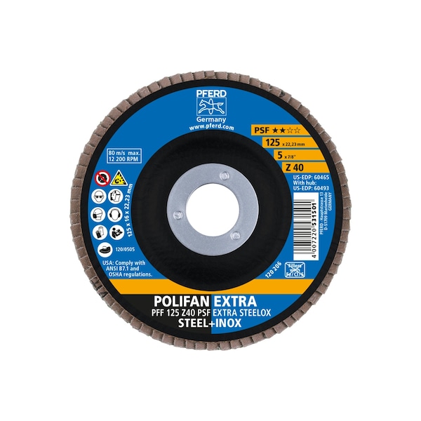 Disco de láminas POLIFAN® 5" x 7/8" A.H. Z PSF EXTRA STEELOX, Zirconia, 40 Granos, Plano - 60465