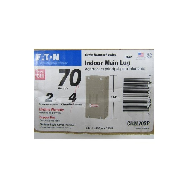 Eaton Loadcenters and Panelboards CH 70A 240V 50/60Hz 1Ph 3Wire 4Cir 2Sp  NEMA 1 - CH2L70SP