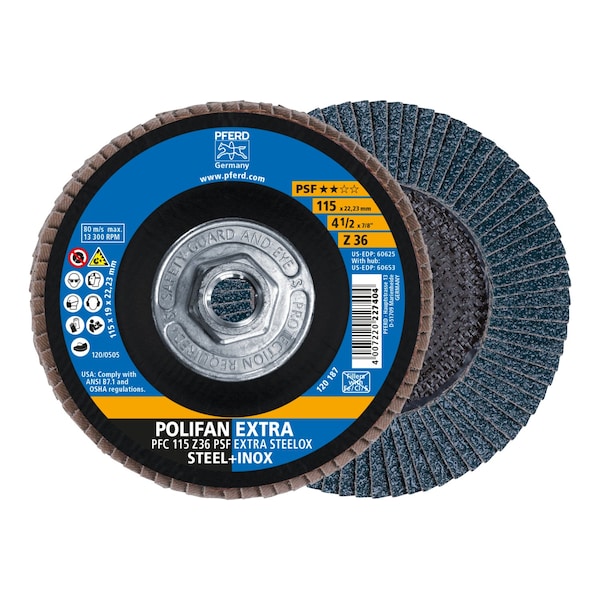 Disco de láminas POLIFAN® Pferd 4-1/2" x 5/8-11 Thd. EXTRA STEELOX Z PSF, Zirconia, 36 granos, cónico - 60653