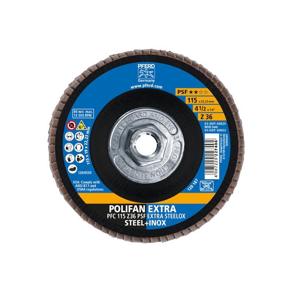 Disco de láminas POLIFAN® Pferd 4-1/2" x 5/8-11 Thd. EXTRA STEELOX Z PSF, Zirconia, 36 granos, cónico - 60653