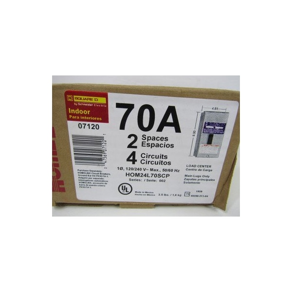 Square D Loadcenters and Panelboards HOM 70A 240V 50/60Hz 1Ph 3Wire 4Cir 2Sp  NEMA 1 - HOM24L70SCP