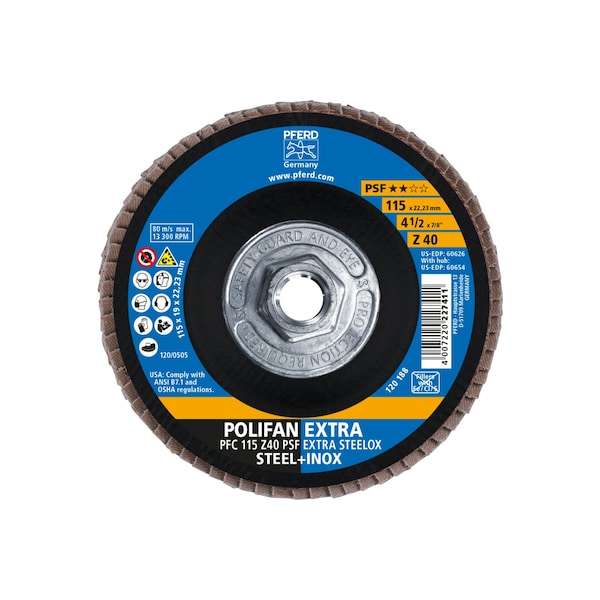 Pferd 4-1/2" x 5/8-11 Thd. Disco de Aletas POLIFAN® - Z PSF EXTRA STEELOX, Zirconia, 40 Granos, Cónico - 60654