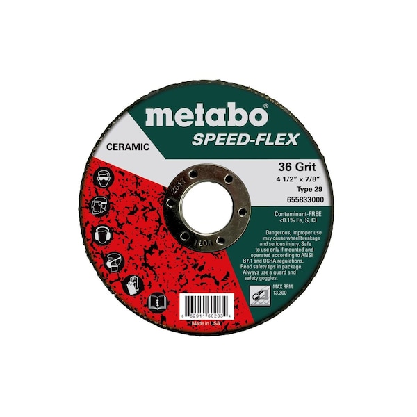 Disco de fibra de resina Metabo de 4 1/2" Speed-Flex Cerámico de grano 36, 7/8", T29 Fiberglass - 655833000.