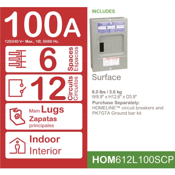 Square D Load Center, HOM, 6 Spaces, 100A, 120/240V AC, Main Lug, 1 Phase - HOM612L100SCP