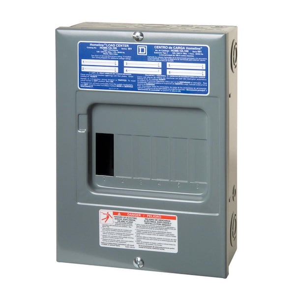 Square D Load Center, HOM, 6 Spaces, 100A, 120/240V AC, Main Lug, 1 Phase - HOM612L100SCP