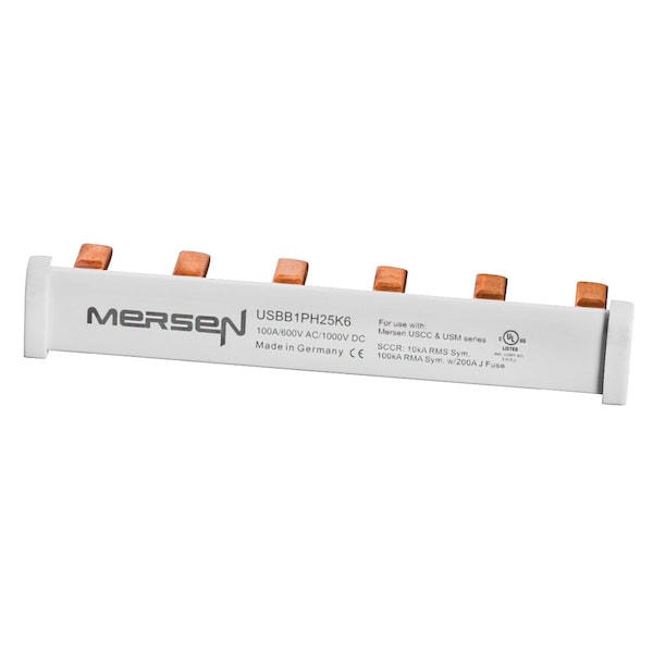 Mersen Bus Bar, 100 to 200A Amp Range, 600V DC/1000V DC Volt Rating, 6 Poles, Comb Bus Bar - USBB1PH25K6