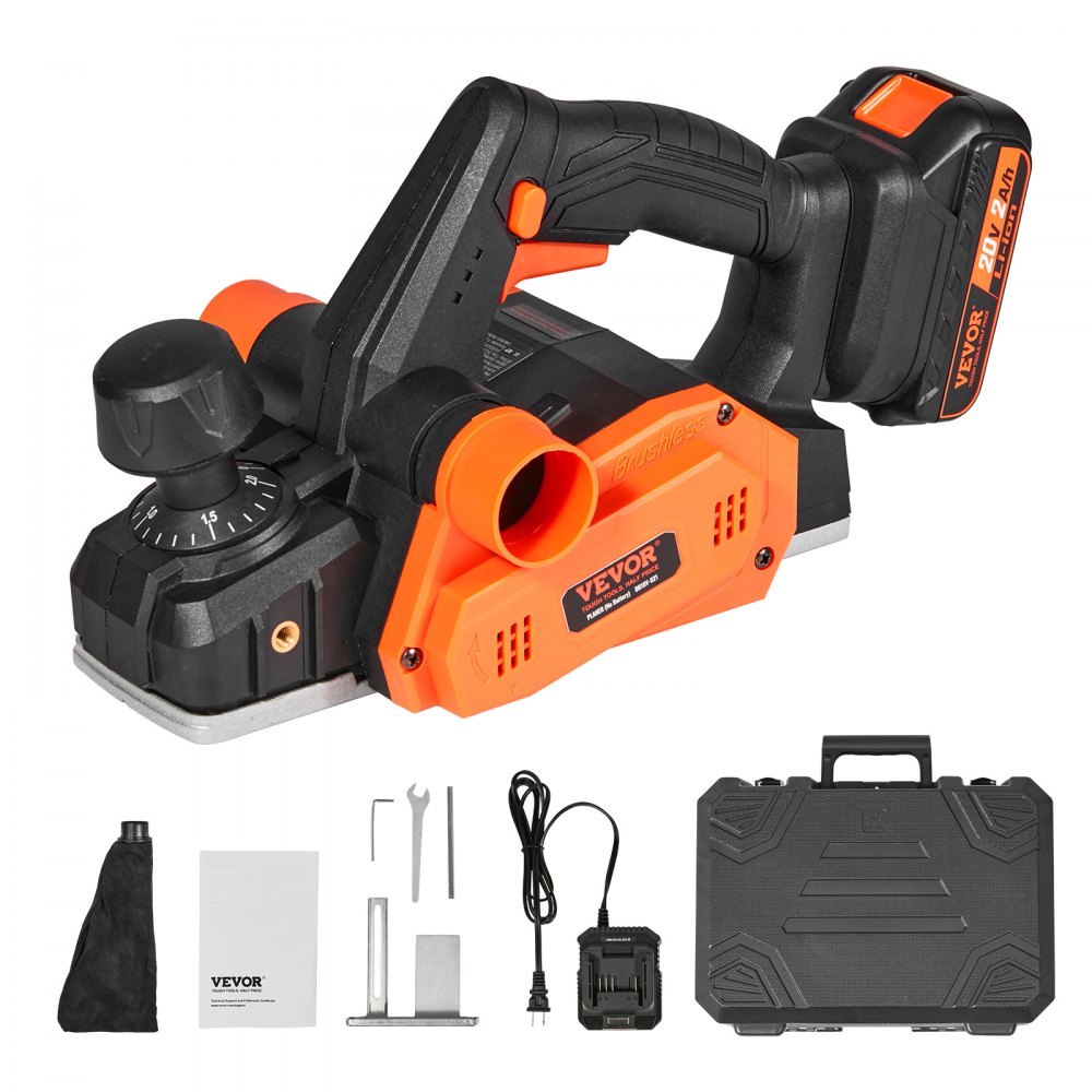 VEVOR Cordless Electric Hand Planer, 3-1/4" Width, 16000 RPM Handheld Wood Planer with Battery 5/64" Adjustable Depth HSS Blades Dual Side Dust Outlet, for Woodworking Wood Planing Surface Smoothing - WXDDSCBCDD314OZOLV5