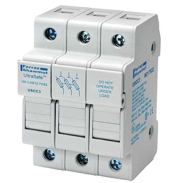 Mersen Finger Safe Fuse Block, CC UL Class, 3 Poles, 0 to 30A Amp Range, 600V AC/DC Volt Rating - USCC3
