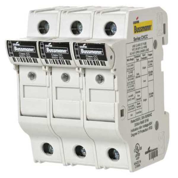 Eaton Bussmann Finger Safe Fuse Block, CC UL Class, 3 Poles, 0 to 30A Amp Range, 600V AC/DC Volt Rating - CHCC3DIU
