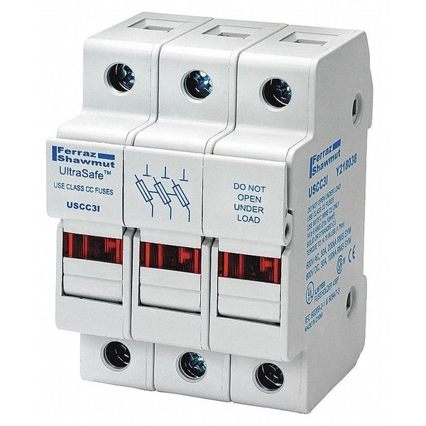 Mersen Finger Safe Fuse Block, CC UL Class, 3 Poles, 0 to 30A Amp Range, 600V AC/DC Volt Rating - USCC3I