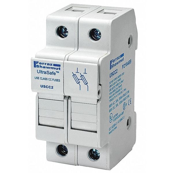 Mersen Finger Safe Fuse Block, CC UL Class, 2 Poles, 0 to 30A Amp Range, 600V AC/DC Volt Rating - USCC2