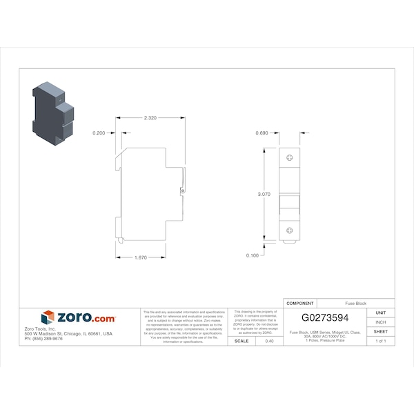 Mersen Finger Safe Fuse Block, 1 Poles, 0 to 30A Amp Range, 800V AC/1000V DC Volt Rating - USM1