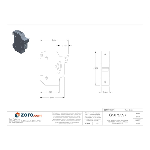 Eaton Bussmann Fuse Holder, 0 to 30A Amp Range, 600V AC/DC Volt Rating, 1 Poles, Clamp/Spade Lug - CHCC1DU