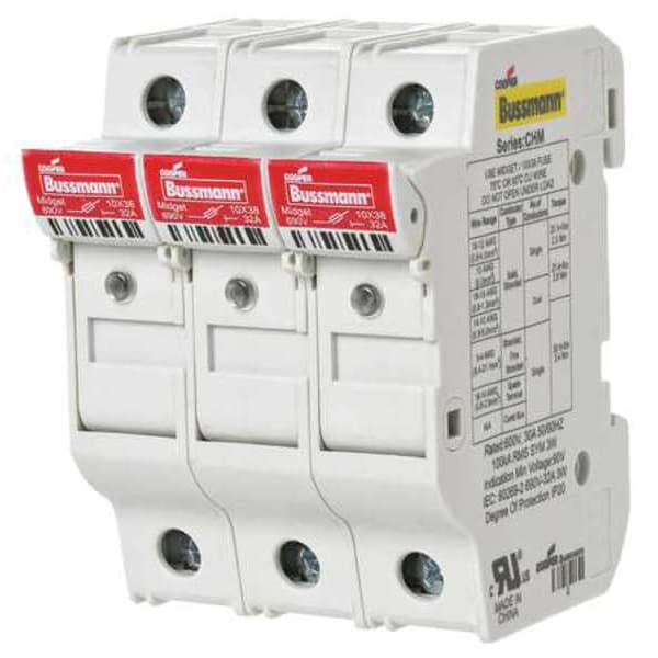 Eaton Bussmann Fuse Holder, 0 to 30A Amp Range, 600V AC/DC Volt Rating, 3 Poles, Clamp/Spade Lug - CHM3DIU
