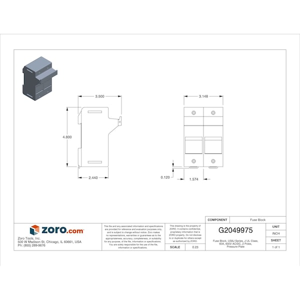 Mersen Finger Safe Fuse Block, J UL Class, 2 Poles, 31 to 60A Amp Range, 600V AC/DC Volt Rating - US6J2I